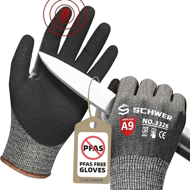 Schwer ProGuard Highest Level Cut Resistant Work Gloves PR3326 for Extreme Protection，ANSI A9 Cut Gloves with Reinforced Thumb, Non Slip, Breathable, Durable, Touch-screen, PFAS Free, Black 1 Pair（M）
