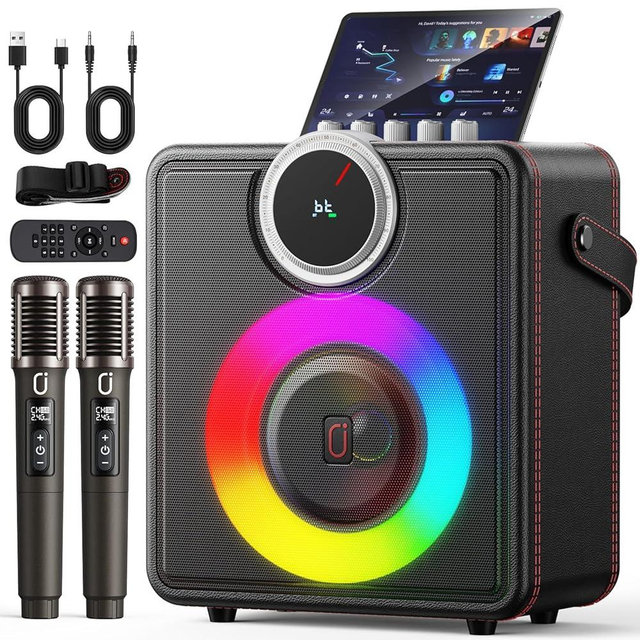 JYX Karaoke Machine for Adults, 200W Retro Leather Portable Bluetooth Speaker with 2 Rechargeable Wireless Microphones, PA System with LED Display & Light, Supports TWS/TF/USB/AUX/Live for Home Party