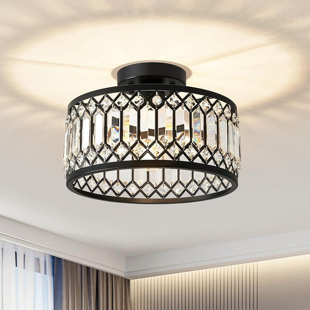 Pevfah Crystal Black Ceiling Light, Modern Semi Flush Mount Ceiling Lighting Fixture, Round Hallway Lighting Fixtures Ceiling for Kitchen Entryway Bedroom Laundry Room, 1-Light, 11.4 Inch