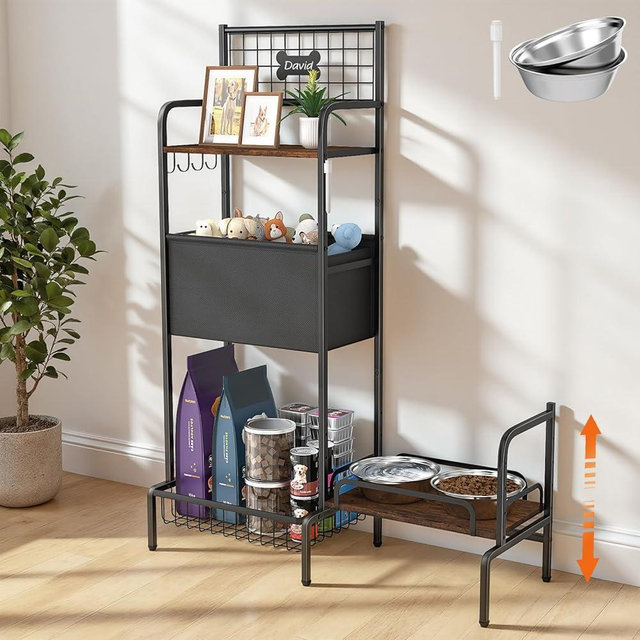 Tivray Elevated Dog Bowl Stand, Adjustable Raised Dog Stand, Pet Feeding Station Cabinet with Storage Organizer, Large Toy Bin Basket, Lifted Food and Water Bowl Holder for Large Medium Small Breed
