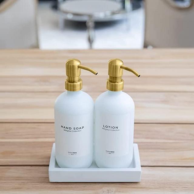 MaisoNovo Glass Soap Dispenser with Pump and Concrete Tray | Vintage Soap Dispenser Bathroom and Kitchen Set w. Dish Soap, Hand Soap, Lotion Waterproof Labels | White Bottles with Gold Pumps