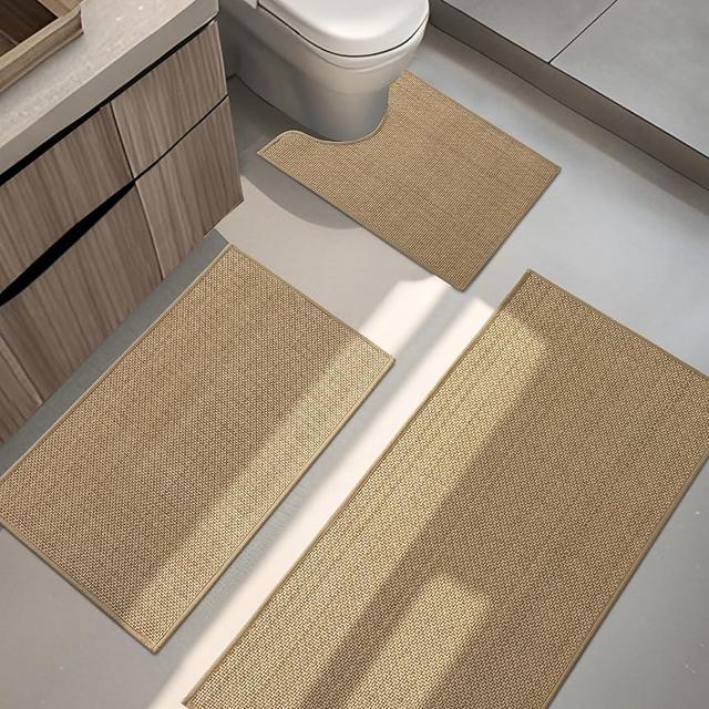 YIHOUSE Bathroom Rugs Sets 3 Pieces, Beige Ultra Thin Bath Mats Fit Under Door, Absorbent Quickly Dry Rubber Backing Braided Bath Mat Set, Non Slip Washable Bath Rugs for Bathroom Floor, Beige