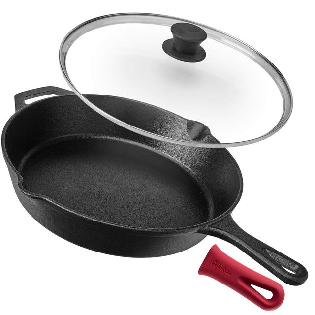 Cuisinel Cast Iron Skillet with Lid - 12-Inch Frying Pan + Glass Lid + Heat-Resistant Handle Cover - Pre-Seasoned Oven Safe Cookware - Indoor/Outdoor Use - Grill, BBQ, Fire, Stovetop, Induction Safe