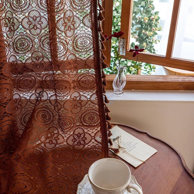 YJ YANJUN Boho Lace Curtains 84 inches Long 2 Panels -Vintage Floral Crochet Sheer Panels with Tassel for Living Room Bedroom Light Filtering Neutral Rustic Fall Winter Drapes Caramel Brown W59 x L84