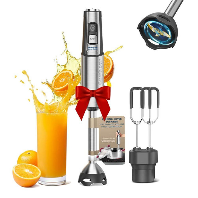 Anybear Immersion Blender, 1100W 2-in-1 Hand Held Blender with Full Copper Motor & Stainless Steel Body, 15 Speed & Turbo Mode Hand Mixer, Blade with Anti-scratch Coating (Gray)