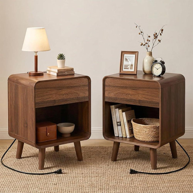 Nasonet Mid Century Modern Small Nightstands Set of 2 with Charging Station, Curved Nightstand with Drawer Wood End Table Bedside Table for Bedroom, Walnut