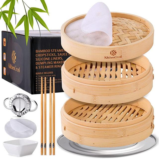 KITCHEN CRUST Full Set Bamboo Steamer for Authentic Chinese Asian Cuisine - 2 Tier 10-Inch Steam Basket Bun Steamer, Flawless Dumpling Maker, Sauce Dish, 2x Pair Chopsticks, 2x Reusable Liners, Ring