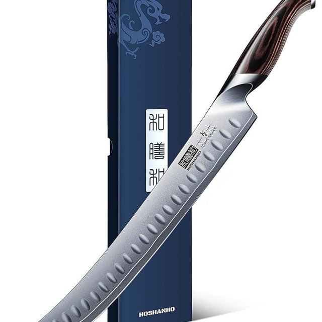 HOSHANHO Carving Slicing Knife, 12 Inch Japanese High Carbon Steel Brisket Knife with Ergonomic Pakkawood Handle, Razor Sharp Curved Butcher Breaking Knives for Meat Cutting