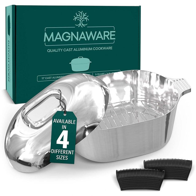 Magnaware Cast Aluminum Dutch Oven - Oval Dutch Oven Pot with Lid for Families and Parties - Lightweight Cajun Cookware with Ideal Heat Distribution - Oval Roaster Pan with Lid - 5 Quart (11 Inch)