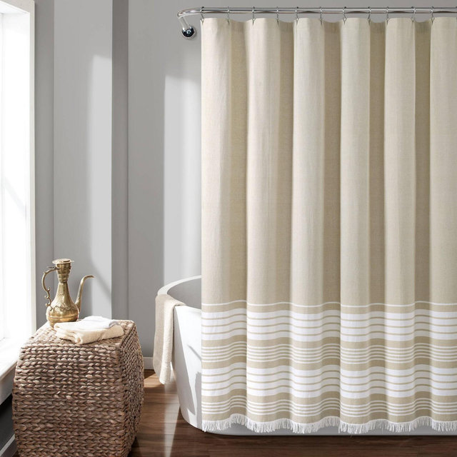 Nantucket Yarn Dyed Cotton Tassel Fringe Shower Curtain Taupe/White - Lush Décor
