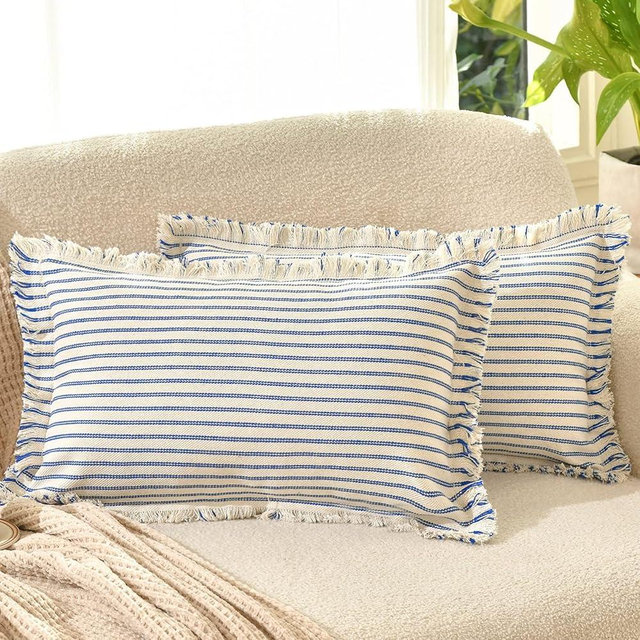 ZWJD Throw Pillow Covers 12x20 Set of 2 Striped Pillow Covers with Fringe Chic Cotton Decorative Pillows Square Cushion Covers for Sofa Couch Bed Living Room Farmhouse Decor, (Blue)
