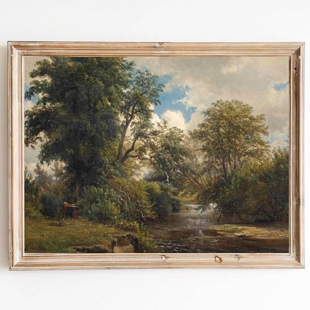 FREE SHIPPING / Connecticut Landscape River Realism Painting / Bull In The Woods Art Print / Realist Bright Sky Nature Painting