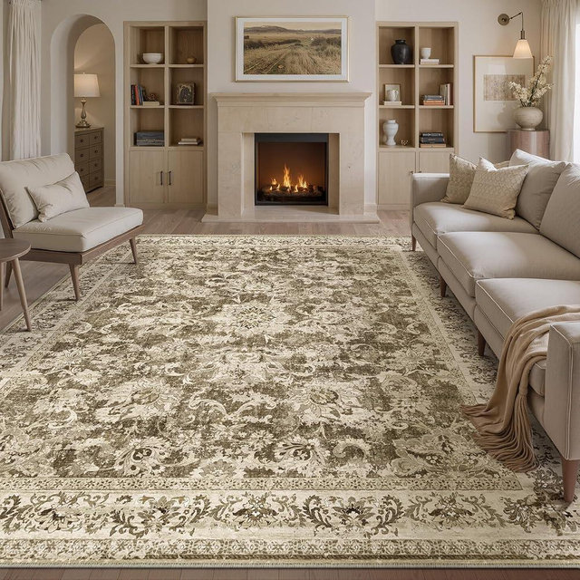 WondRg 8x10 Washable Area Rug Brown Neutral Carpet for Living Room Bedroom Large Floral Distressed Low Pile Soft Non-Slip Lightweight Vacuumable Throw Rug for Dining Room Office Kitchen
