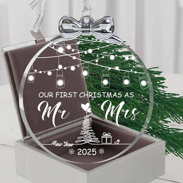 Wedding Gifts for Couples 2025 - First Christmas Married Ornament Crystal Glass 2025, Wedding Gift Ideas for Newlywed Mr and Mrs, Bridal Shower Gifts for Bride with Glow in The Dark Printing-01