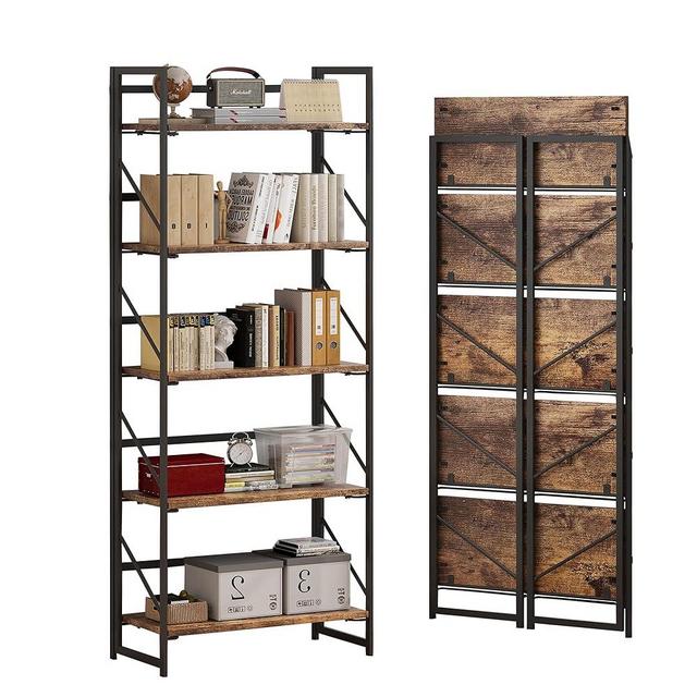 JSB No Assembly Folding Bookshelf, 5 Tier Industrial Metal Book Shelf for Storage, Vintage Wood Foldable Bookcase for Living Room, Bedroom, Office Organization Shelves