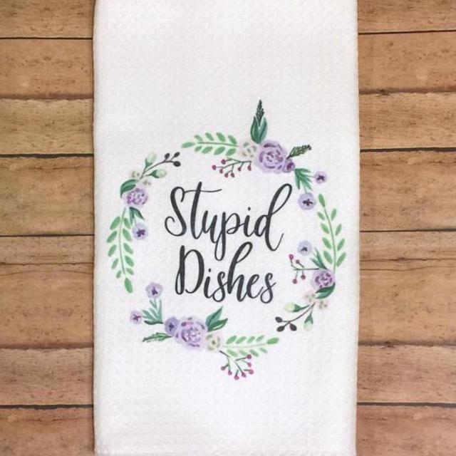 Stupid Dishes Kitchen Hand Towel Purple Lavender Floral Hostess Gift