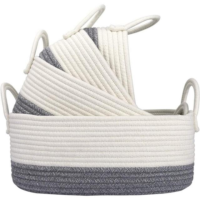 LA JOLIE MUSE 15 Inch Cotton Rope Woven Storage Basket Set of 4, Stackable Multipurpose Organizer Bins with Handles, White & Dark Gray