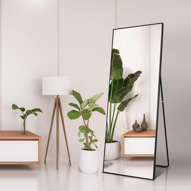 LFT HUIMEI2Y Full Length Floor Mirror with Standing Holder, 65"x22" Black Aluminum Body Mirror, Rectangle Mirror, Hanging Mirror, Standing Large Wall Mounted Mirror for Bedroom or Living Room