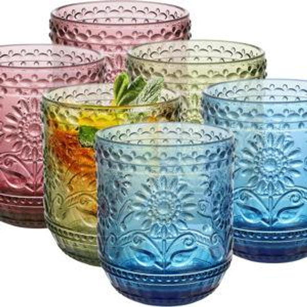 Topsky Vintage Colored Glassware Set of 6,12 oz Green Sunflower Drinking Glasses Set,Blue Drinkware Glasses for Wine,Cocktail,juice,Heavy Duty Glass Cups