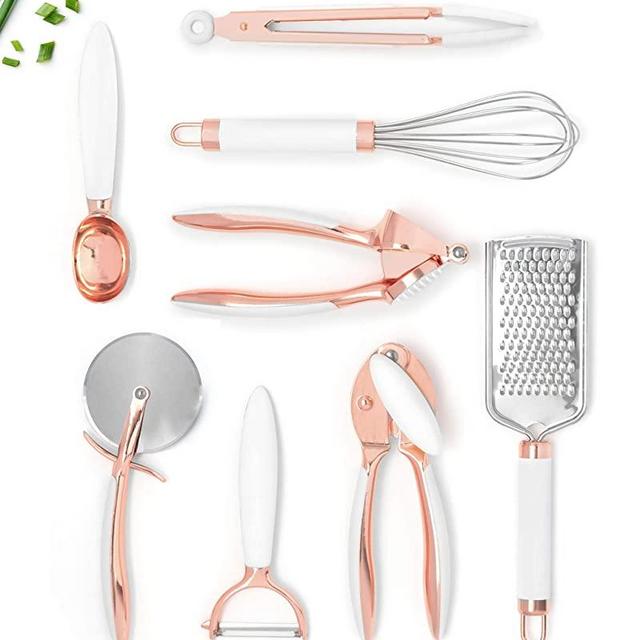 White & Copper Kitchen Tools and Gadgets, Luxe 8PC Cooking Tools and Gadgets with Anti-Slip Handles, Copper Kitchen Utensils Kitchen Gadget Set, Copper Kitchen Accessories and Copper Cooking Utensils