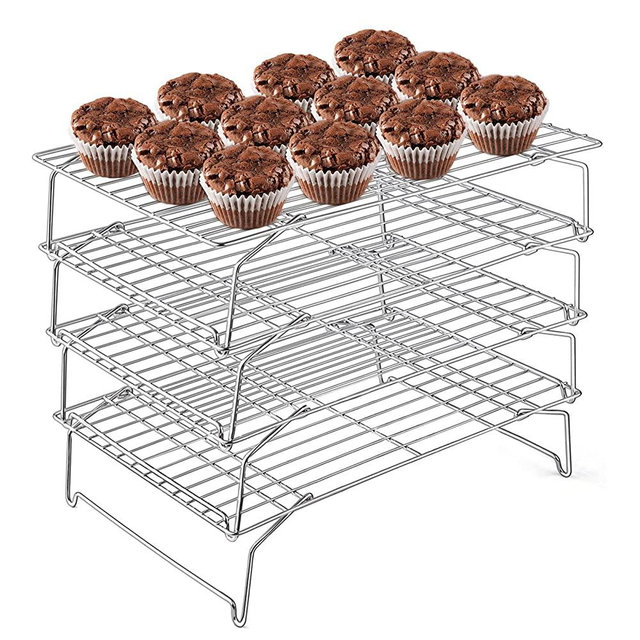 4-Tier Cooling Rack, E-far 15”x10.1" Stainless Steel Stackable Wire Cooling Rack for Baking Cooking Cookies, Folding Leg & Non-toxic, Oven Safe & Dishwasher Safe