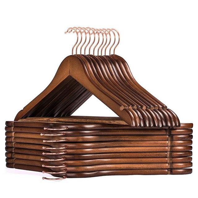 Smartor Wooden Hangers 20 Pack Wood Coat Hangers Rose Gold Hook Heavy Duty Clothes Hanger Natural Smooth Finish Premium Wood Hangers for Clothes Suit Walnut