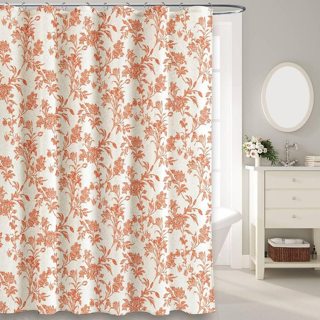 WOUVMA Orange Shower Curtain Floral Cotton Linen Cottagecore Shower Curtain for Bathroom 72" W x 72" L