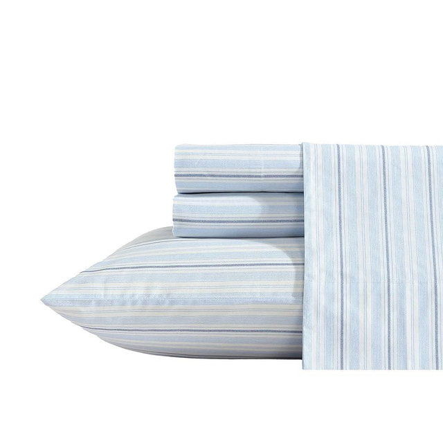 Nautica - Sheets, Cotton Percale Bedding Set with Matching Pillowcases, Crisp & Cool, Deep Pocket (Camp Stripe Blue, Queen)