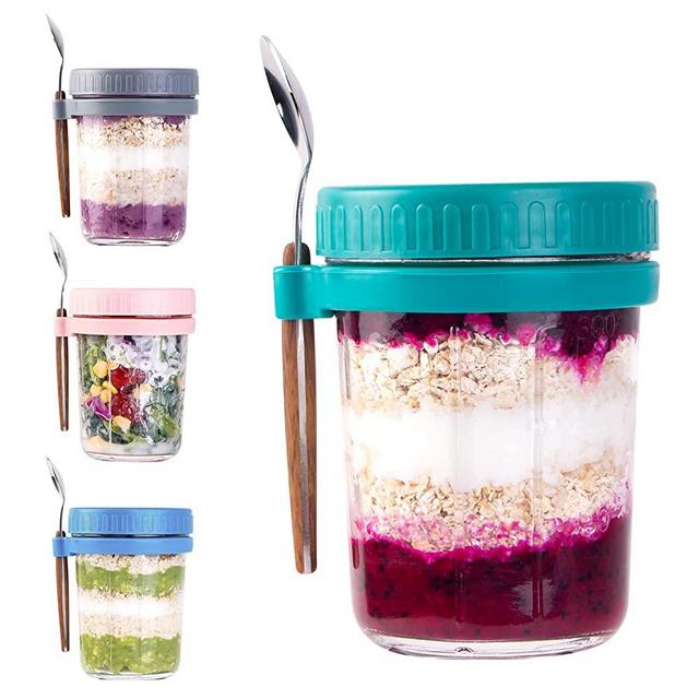 KITCHOP Overnight Oats Container with Lid and Spoon(4-Piece set), 10 oz Overnight Oats Jars, Portable Mason Jars with Lid for Cereal On The Go Container