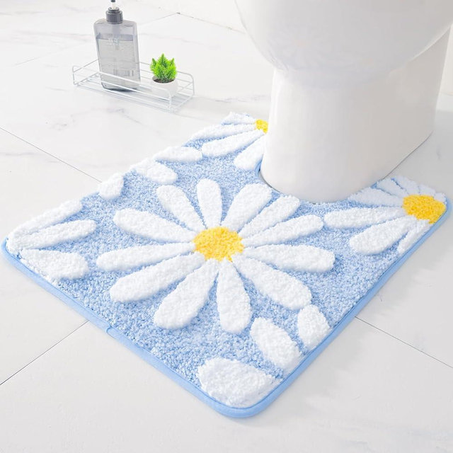QJHOMO Toilet Rugs U Shaped, Blue Toilet Mat Cute Daisy Contour Bath Rug 20"x24", Extra Thick Soft Machine Washable Toilet Carpet, Non Slip Bathroom Floor Mats Super Absorbent Microfiber Bath Rugs