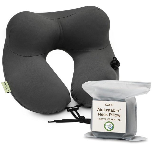 Coop Home Goods AirJustable Travel Neck Pillow, Inflatable, Adjustable Support for Neck & Chin, Compact, Soft Memory Foam Comfort, Airplane Travel Essentials, Cooling & Washable Cover