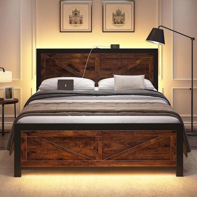 DOGIBIXO Led Bed Frame King Size with Charging Station, Industrial Platform Bed Frame with Rustic Barn Door Wood Headboard, Strong Metal Slats Support, Noise Free, No Box Spring Needed, Brown