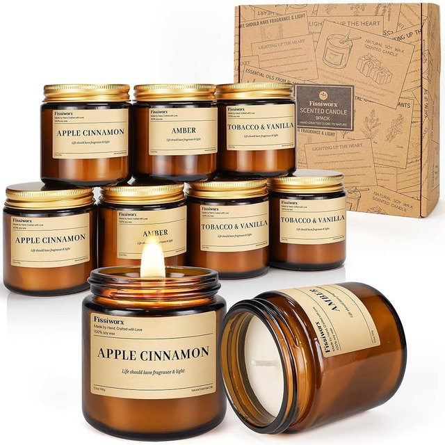 9 Pack Soy Candles for Home Scented |（Apple Cinnamon/Amber/Vanilla） Long-Lasting 270 Hours, Natural Scented Candles Gift for Women & Men, Birthday, Mother’s Day, Christmas, Thanksgiving