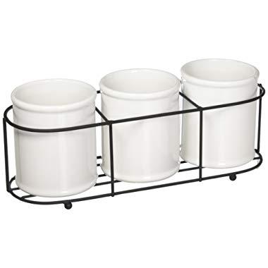 Creative Co-Op Set of 3 White Ceramic Crocks in Black Metal Holder