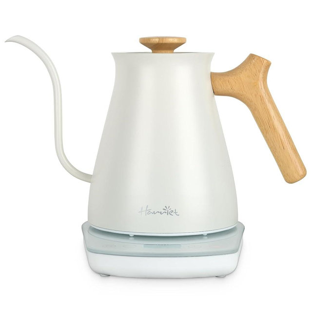 Harriet Gooseneck Electric Kettle - 1200W Fast Heat, 0.8L Stainless Steel, Precision Temp Control & Timer, Wood Handle, Pour Over Coffee and Tea, White