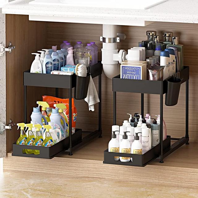 NYYTGE Sliding Under Sink Bathroom Organizer, 2 Pack Under Sink Cabinet Organizers and Storage, Muti-purpose Under Sink Organizer for Home Kitchen Organization, 2Cups, 8Hooks