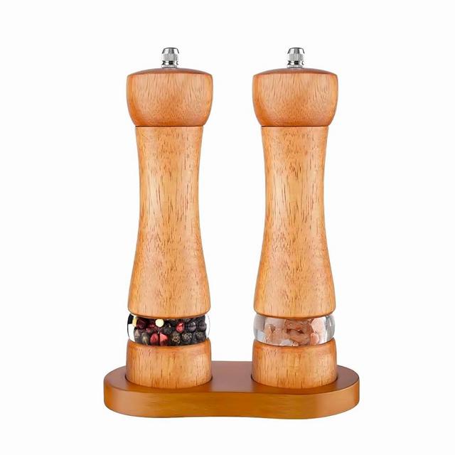 Salt and Pepper Grinder Set with Wood Tray - 2 Pack Wooden Salt and Pepper Mill Sets with Adjustable Coarseness - Refillable Manual Pepper Mill Grinder