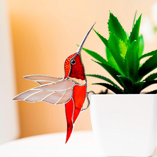 Stained Glass Hummingbird Planter Decoration, Handmade Bird Suncatcher Gift for Christmas