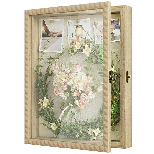 Shadow Box Frame 8x10 Small Shadow Boxes Display Cases with Diamond Shape Door Vintage Lock, SZQINJI Shadow Box for Photos Medals Pet Memorial Graduation Baby Wedding Flower Natural