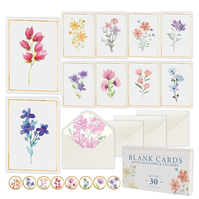 Only Zest 30 Pack Blank Cards and Envelopes - 4 x 6 Inch Floral Greeting Cards for Encouragement, Stationery Set for All Occasions, Blank Note Cards with 10 Unique Designs