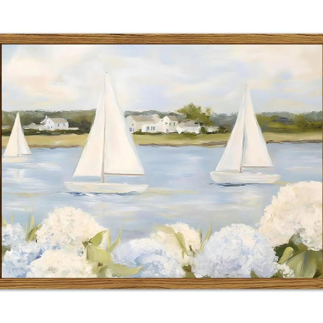 Framed Vintage Hydrangea Floral Wall Art, Blue Coastal Sailboat Pictures Wall Decor, Summer Nautical Landscape Paintings Canvas Prints Artwork for Home Living Room Bedroom 12x16 inch