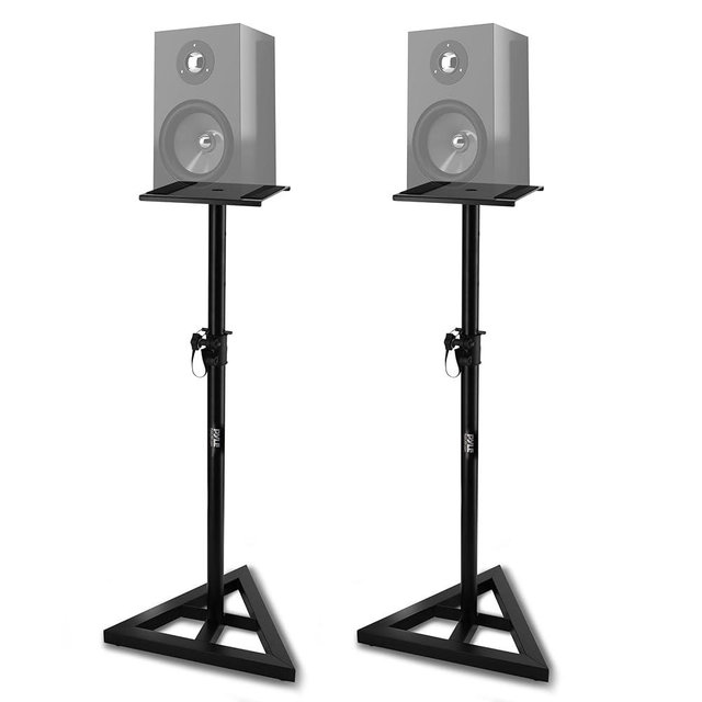 Pyle Speaker Stand Pair of Sound - Play 1 and 3 Holder, Telescoping Height Adjustable from 26” - 52” Inch, High Heavy Duty Three-point Triangle Base w/ Floor Spikes and 9” Square Platform, Black