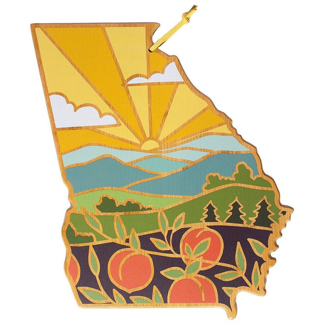 Totally Bamboo Georgia State Shaped Cutting Board and Charcuterie Serving Platter with Artwork by Summer Stokes, Includes Hang Tie for Wall Display 11-3/4" x 13-1/4" x 5/8"
