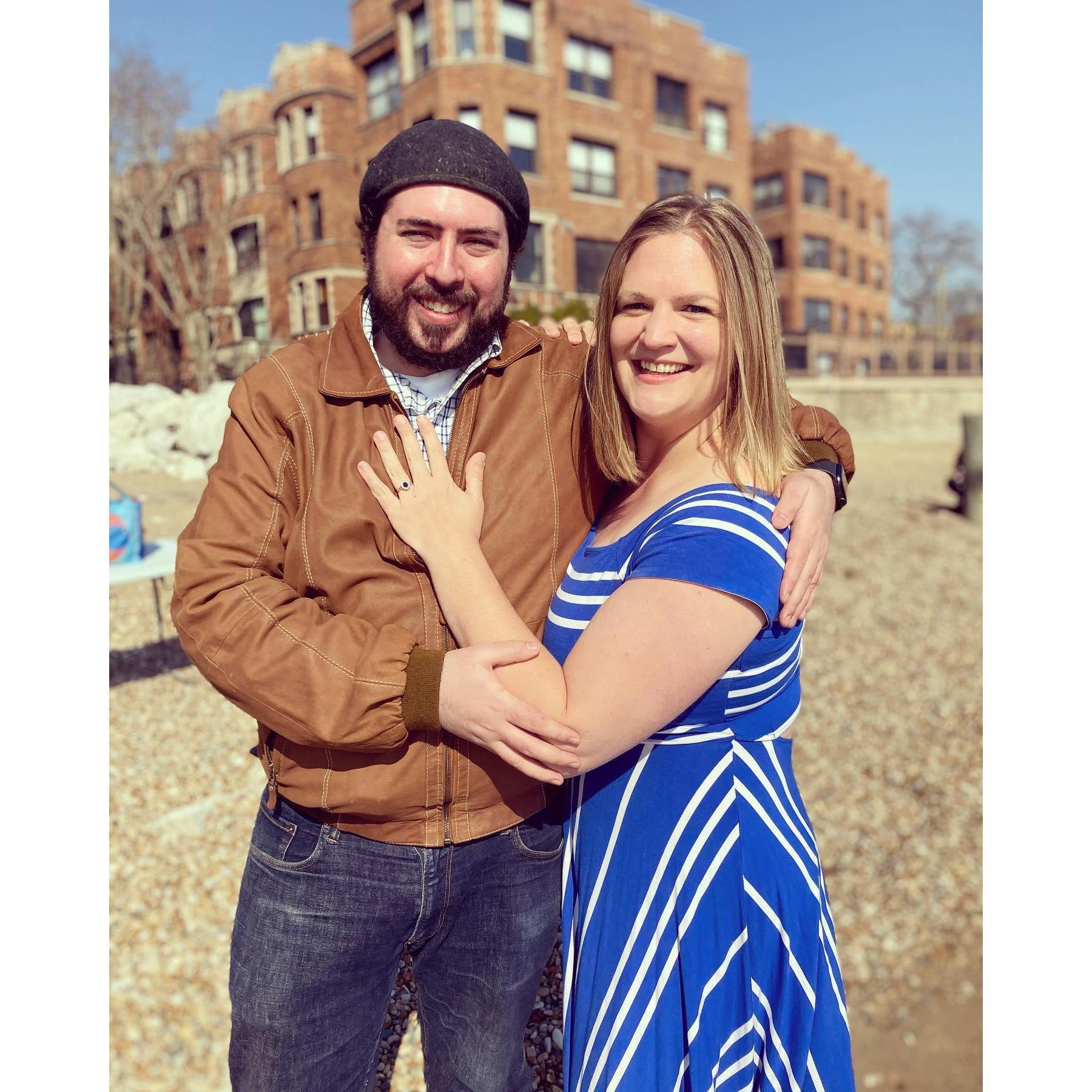 Tom and Amanda at the beach in Rogers Park, Chicago, on the day they got engaged!