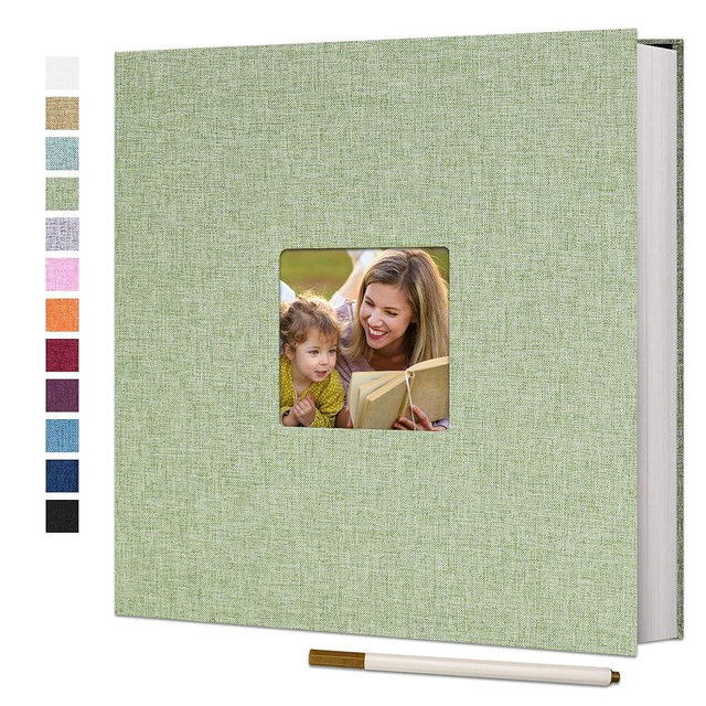 Vienrose Large Photo Album Self Adhesive for 4x6 8x10 10x12 Pictures Linen Scrapbook Album DIY 60 Blank Pages with A Metallic Pen Grassgreen