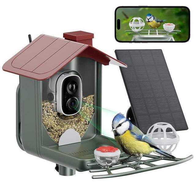 Bird Feeder with Camera Solar Smart Bird House with Camera Outdoor Garden Feeders for Bird Auto Capture Bird Videos Wild Birds Watching Cam 2K Resolution AI Recognition Visible Window