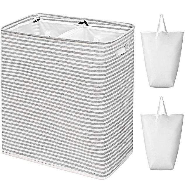 WOWLIVE 115L Freestanding Laundry Hamper Divided Large Laundry Basket 2 Removeable Liner Bags Handles Collapsible Dirty Clothes Storage Basket XXL Waterproof Durable Clothes Hamper (Striped Gray)