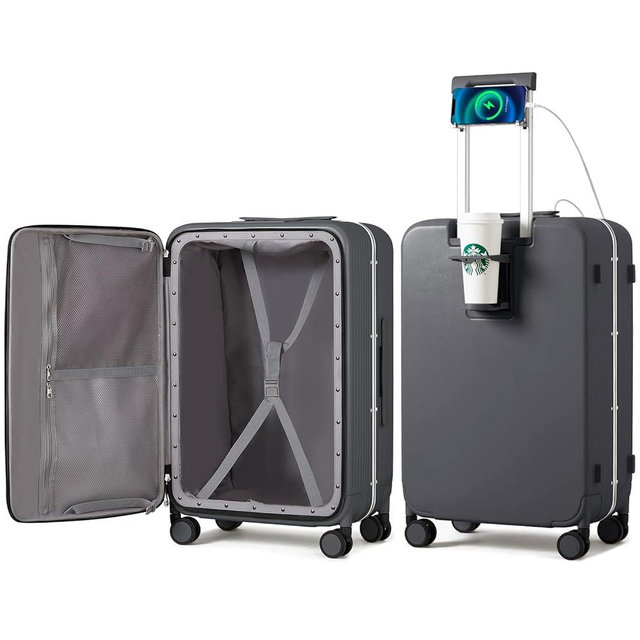 mixi Large Checked Luggage with Cup Phone Holder and Charger Hard Shell Suitcases with Spinner Wheels, 26 Inch Rock Gray