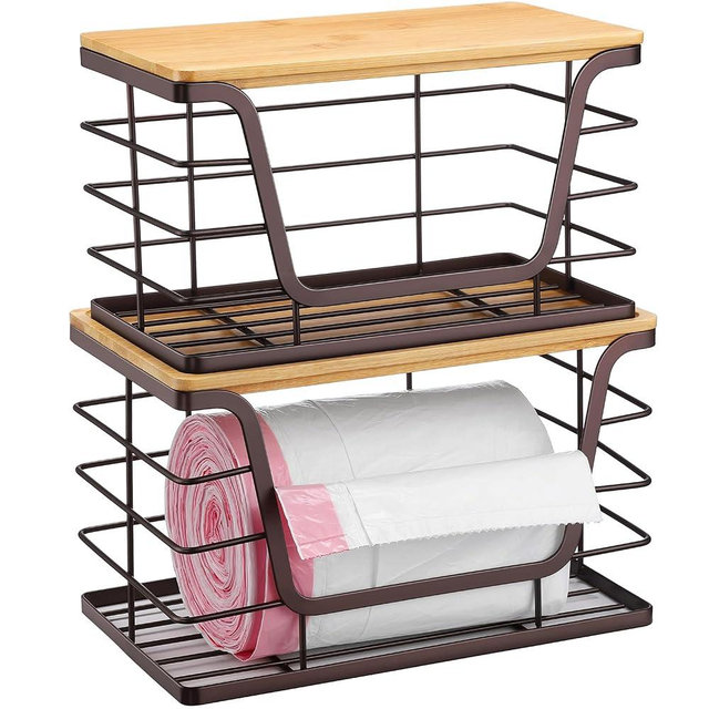 ALOCEO 2 Pack Storage Stackable Kitchen Organization and Storage with Bamboo Top, Wall Mount Extra Large Trash Bag Holder Large Garbage Bag Dispenser, Brown