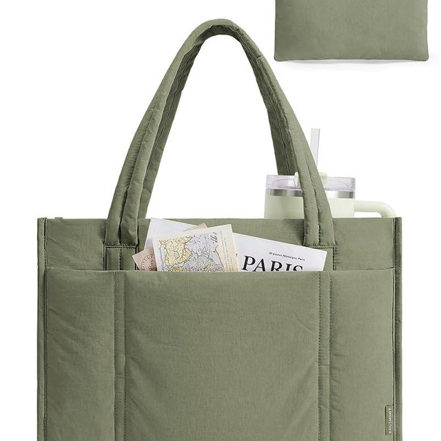 BAGSMART Tote Bag for Women, 2Pc Puffer Tote Bag with Zipper, Quilted Work Tote Teacher Bag Shoulder Handbag | Beach Tote, Diaper Bag Tote, for Travel, Gym, Lightweight, Fit 15.6" Laptop, 21L Medium Tote